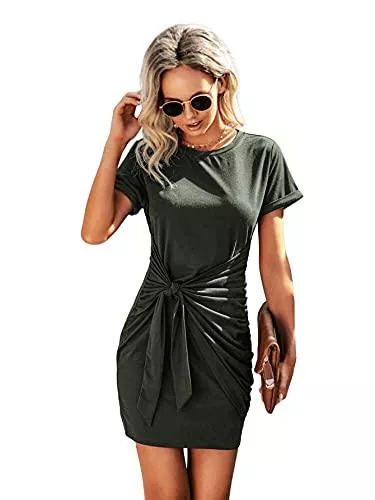 DIDK Freizeit Damen T-Shirt Kleid mit Twist Lässig Freizeitkleid Kurzarm Basic Kleider Sommerkleid Einfarbig Casual Dress Tunika Kleid Rundkragen Kurz Shortkleid