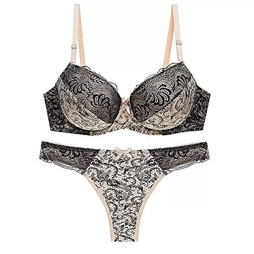 zunruishop Unterwäsche & Dessous zunruishop Spitzen-BH BH Set Sexy Frauen Dessous Set Lace Print Matching Unterwäsche Große Größe Unterwäsche BH Und Panty Set Unterwäscheset (Color : Beige, Cup Size : 80B)