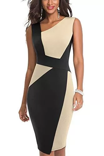 HOMEYEE Business HOMEYEE Damen Vintage Ärmelloses Business Kleid aus Stretch mit Kontrastfarbe B517
