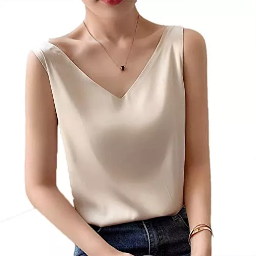 Affuhua Ärmellose Blusen Affuhua Damen Satin Silk Weste Bluse Tank Tops Shirt Cami Spaghetti Träger Camisole Vest V-Ausschnitt S-3XL
