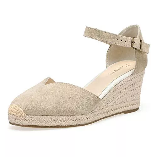 XIGUAUK Sandalen & Slides Frauen Wedge Heels Schuhe Flock Espadrille Tragbare rutschfeste Knöchelwickel Komfortable Spitze Zehen einfarbige Damen Freizeitschuhe