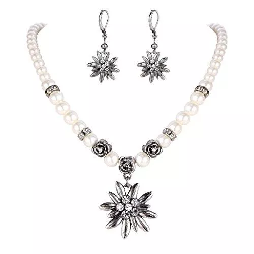 Clearine Schmuck Clearine Damen Oktoberfest Trachtenscmuck Künstliche Perlen Kristall Edelweiss Ohrhänger Dirndlkette Schmuck Set