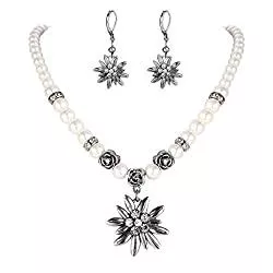 Clearine Schmuck Clearine Damen Oktoberfest Trachtenscmuck Künstliche Perlen Kristall Edelweiss Ohrhänger Dirndlkette Schmuck Set