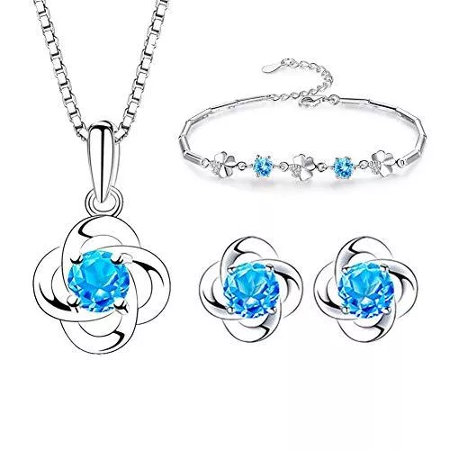 Kämise Schmuck Kämise Silber Schmuckset für Damen, 925 Sterling Silber Klee Halskette Ohrringe Armband Set, Anhänger mit 45cm Silber Kette &amp; Ohrstecker &amp; Armkette mit Blau Zirkonia, kommt mit Schmuck Geschenk Box