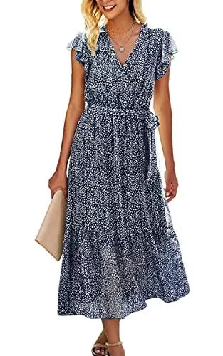 Spec4Y Freizeit Spec4Y Maxikleid Damen Blumen Lang Kleider Kurzarm V-Ausschnitt Wickelkleid Rüschen Sommerkleider mit Gürtel