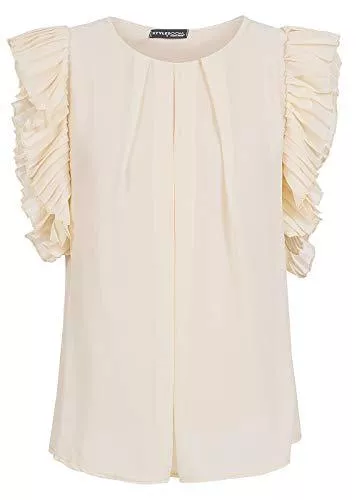 Styleboom Fashion® Kurzarmblusen Styleboom Fashion® Damen Top Chiffon Shirt Volantärmel Rundhals beige