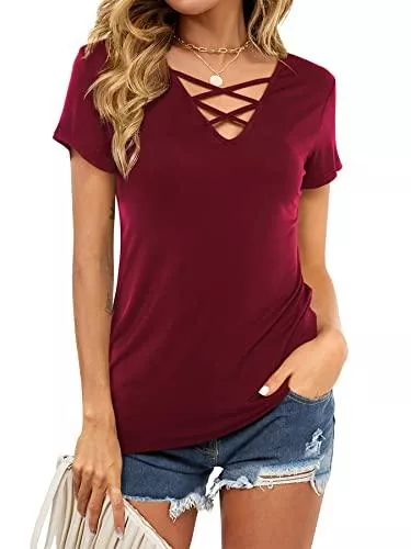 Amoretu T-Shirts Amoretu Damen Kurz/Langarm Criss Cross V Neck Shirts Tops
