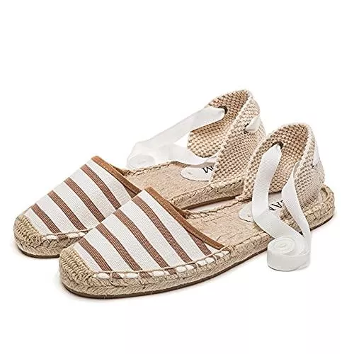 OROSUA Sandalen & Slides Damen Espadrille Sandalen Fashion Stripe Closed-Toe Knöchelriemen Schnür Slingback Leichte Flache Anti-Rutsch-Freizeitschuhe