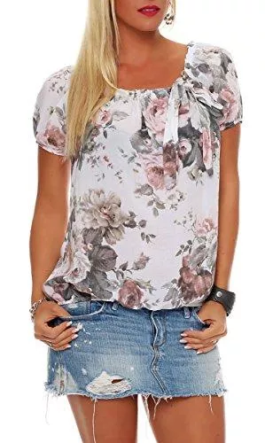 malito more than fashion Kurzarmblusen Malito Damen Blusenshirt mit Blumen Print | Oberteil mit Schleife | Hemdbluse - Tunika - modern 3443