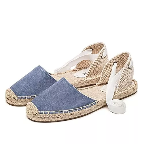 OROSUA Sandalen & Slides Damen Espadrille Sandalen Fashion Stripe Closed-Toe Knöchelriemen Schnür Slingback Leichte Flache Anti-Rutsch-Freizeitschuhe