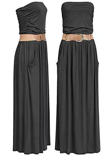 Styleboom Fashion® Freizeit Styleboom Fashion® Damen Kleid Longform Bandeau Dress 2-Pockets Belt Sommerkleid Military grün