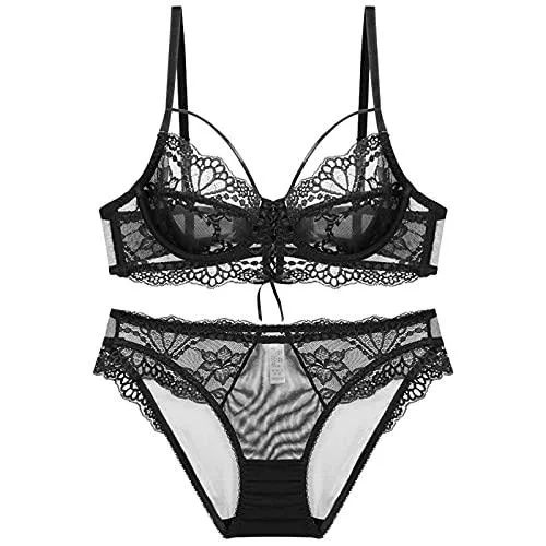 XIEBA Unterwäsche & Dessous XIEBA Sexy Dessous Set Für Frauen, Ultradünnes Atmungsaktives BH Mit Verstellbarem Riemen, Spitze-Slip-unterwäsche(Size: 36B/80B,Color:Black)
