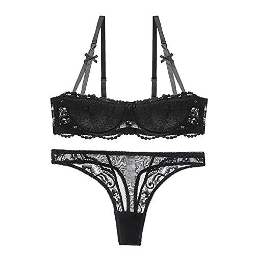 CUI Unterwäsche & Dessous CUI Spitze Dessous Set, Sexy BH Und Slip-Anzug, Wäsche Mit Underwire BH Und Tanga-Sets Für Frauen(Size:80B/36B,Color:schwarz)