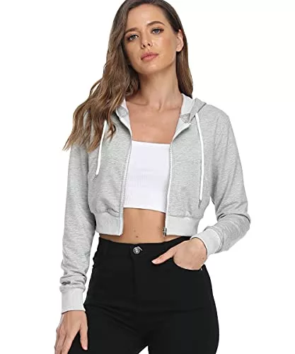 Dilgul Kapuzenpullover Dilgul Damen Kurz Sweatjacke Hoodie Sports Kapuzenjacke Kordelzug Reißverschluss Langarm Kurze Hoodi Sweatshirt