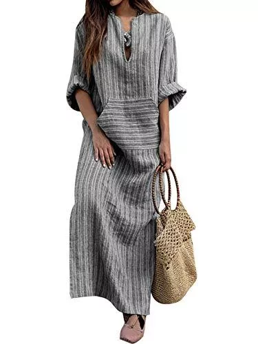 VONDA Freizeit VONDA Maxikleider Damen Langarm Kleid Übergroße Freizeit Maxikleid Streifen Split Kleider