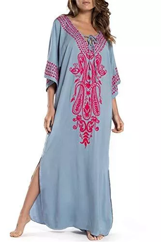 L-Peach Cocktail L-Peach Damen Sommer Baumwolle Blumenstickerei Langes Kleid Strandkleid Bikini Coverups One Size