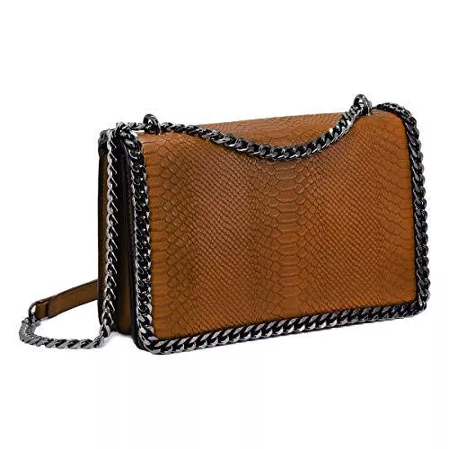 CRAZYCHIC Taschen & Rucksäcke CRAZYCHIC - Damen Kette Umhängetasche - Schlange Leder Gesteppte Klappe Schultertasche - Python Steppmuster Abendtasche Pochette Kettentasche - Frauen Modische Handtasche Trendy Tasche - Kamel Braun