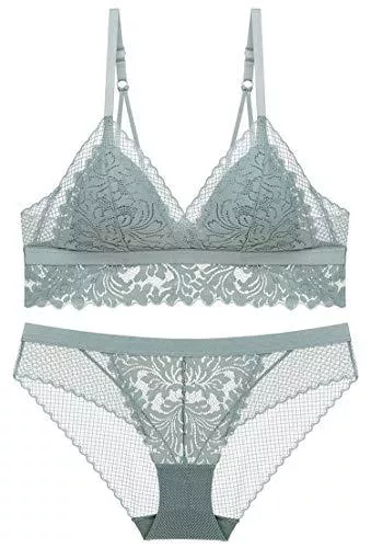 SHEKINI Unterwäsche & Dessous SHEKINI Damen Spitzen Unterwäsche Set Leichte BH Set Bralette Gepolstert Ohne Bügel und Transparente Slip Nicht Abnehmbarer Bra Hipsters mit Hakenverschluss und Verstellbare Träger