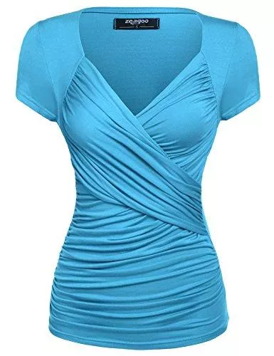 Zeagoo Kurzarmblusen Zeagoo Damen Sommer Sexy T-Shirt V-Ausschnitt Kurzarm Tunika Shirt mit Falten Blusen Oberteile