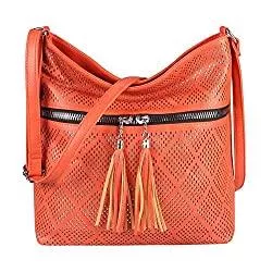 ITALYSHOP24.COM Taschen & Rucksäcke OBC Damen Tasche Shopper Tote Bag Handtasche Umhängetasche Schultertasche Beuteltasche Metallic Leder Optik Hobo Bag Crossbody (Orange)