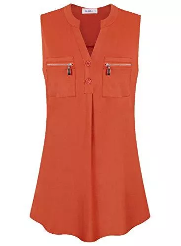 Siddhe Ärmellose Blusen Siddhe Damen V-Ausschnitt Bluse 3/4 Ärmel Tunika Reißverschluss Longshirt Langarm Hemd Tops T-Shirt Oberteile Knopfleiste mit Taschen