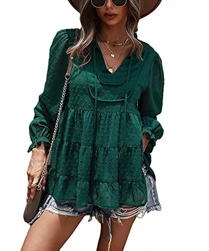 Ajpguot Langarmblusen Ajpguot Damen Polka Dot Tunika Rüschen Bluse T-Shirts Elegant V-Ausschnitt Langarmshirts Tops Lose Babydoll Shirt Oberteile