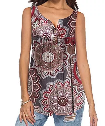DEMO SHOW Ärmellose Blusen DEMO SHOW Damen Tunika Top Locker Langarm V Ausschnitt Knopfleiste Plissiert Floral Henley Shirt Bluse T Shirt