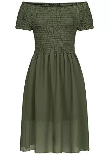 Styleboom Fashion® Freizeit Styleboom Fashion® Damen Bandeau Kleid 2-Layer Off-Shoulder Chiffon Dress Military grün