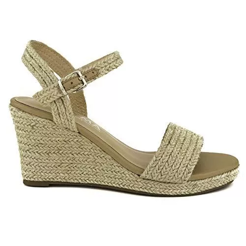 PAYMA Sandalen & Slides PAYMA - Damen Jute Wedge Platform Riemchensandalen Keilsandalen Sandalen. Spartaner. Gepolsterte Innensohle. Offener Zeh. Knöchelschnallenverschluss. Comfort-Mehrweite. Beige, Regenbogen, Gold Silber