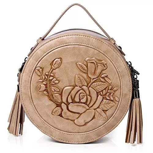 MEITRUE Taschen & Rucksäcke MEITRUE Runde Handtasche Damen Veganes Leder kleine Umhängetasche Damen Schultertasche Elegante Crossbody Bag Frauen Hand Tasche 9584APRICOT