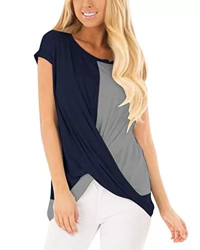 YOINS Kurzarmblusen YOINS Sexy Oberteil Damen Sommer T Shirt Damen Farbblock Blusen Oberteile Farbverlauf Colorblock Bluse Cross Front