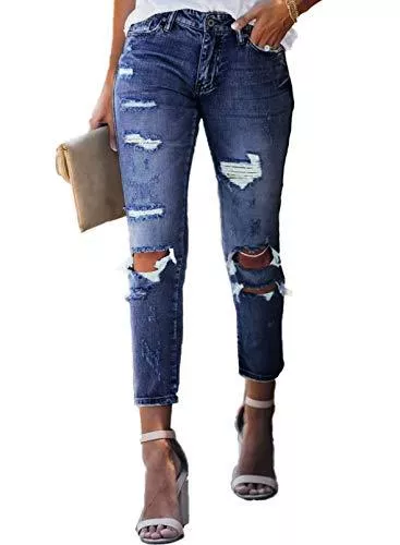 HAPPY SAILED Hosen HAPPY SAILED Damen Schick Löcher Jeanshosen Boyfriend Slim Fit Denim Hosen Jeans S-XXL