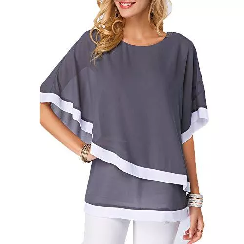 S.CHARMA Kurzarmblusen Damen Bluse Tunika Damen Sommer Damen Chiffon Blusen Elegante Solid |Damen Bluse im Fledermaus Look|Kurzarm Rundkragen Im Sommer dünn Casual Loose Fit große Größe 34-54