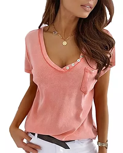Maxwinee T-Shirts Maxwinee Damen T-Shirt Kurzarm V Ausschnitt Sexy Sommer Bluse Tops Oberteile Tunika Locker