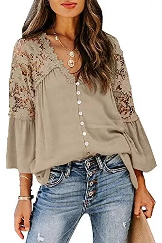 Aleumdr Langarmblusen Aleumdr Spitze Bluse Damen Elegant Tunika Bluse Langarm Causal Tops Lose Langarmshirt Vintage Tunika Shirt