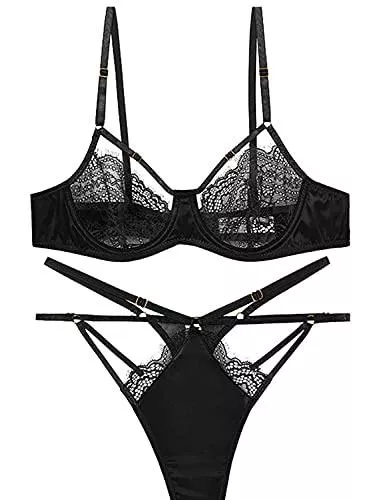 Aphrotiny Unterwäsche & Dessous Damen Wimpern Spitze Dessous Set Spaghetti Strappy Bügel Push Up Satin BH und Panty Set