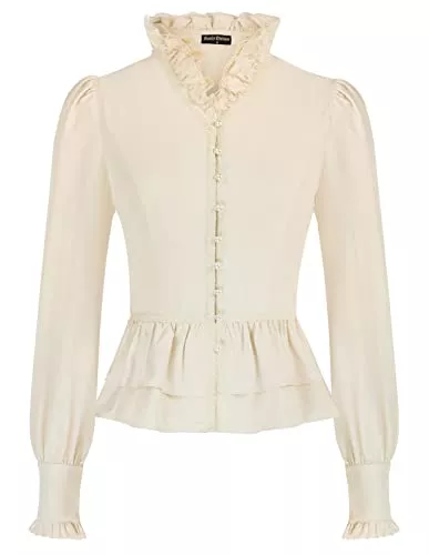 SCARLET DARKNESS Langarmblusen SCARLET DARKNESS Bluse Damen, Langarm Bluse Spitze Steampunk Elegant Gothic Stehkragen mit Rüschen Langarmshirt Business Party