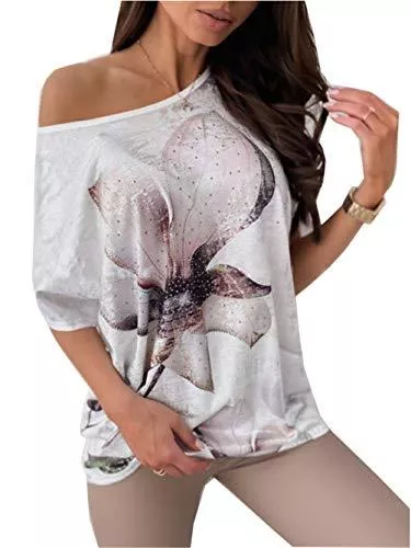 MOCEAL T-Shirts MOCEAL Shirt Damen Sommer Oberteile Löwenzahn Blumen Drucken Kurzarm Tee Tops Casual Rundhals Hemd Bluse Mädchen Off Shoulder T-Shirt