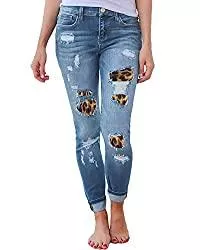 HONGBI Jeans HONGBI Color Block Damen Jeans Leopard Gedruckt Mittlerer Taille Slim Leggings Röhrenjeans Bleistifthose mit Löchern Flicken Jeans Patchwork Damen Pants