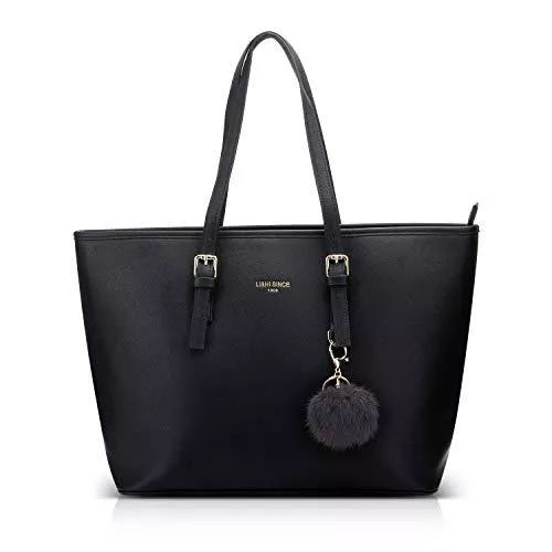LI&amp;HI Taschen & Rucksäcke LI&amp;HI Damen Handtasche Shopper Handtasche Schwarz Elegant Schwarze Groß Damen Tasche für Büro Schule Einkauf mit Pelz Kugel Plüsch Schlüsselring (Verbesserte Version) - 34/29/15.5 CM