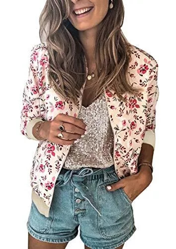 ECOWISH Jacken ECOWISH Damen Casual Jacke Blumenmuster Langarm Bomberjacke Reißverschluss Stehkragen Outwear Kurz Coat Herbst Frühling