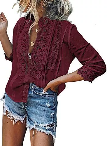 Aleumdr Langarmblusen Aleumdr Spitze Bluse Damen Bluse Langarm Elegant Oberteil V-Ausschnitt Casual Tops Lose Langarmshirt Vintage Tunika Shirt