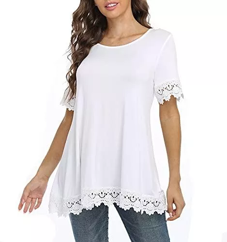 CARCOS Kurzarmblusen CARCOS T-Shirt Damen mit Spitze Bluse Oberteile Sommer Solide Tunika Kurzarm Casual locker Bluse Topst,S-XXXL
