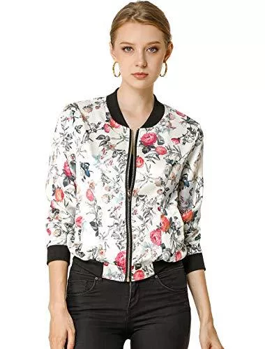 Allegra K Jacken Allegra K Damen Langarm Stehkragen Blouson Blumen Bomberjacke Jacke
