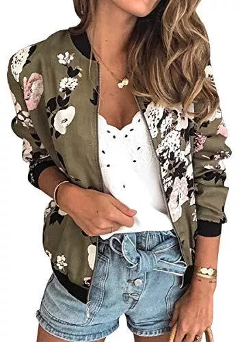 ECOWISH Jacken ECOWISH Damen Casual Jacke Blumenmuster Langarm Bomberjacke Reißverschluss Stehkragen Outwear Kurz Coat Herbst Frühling