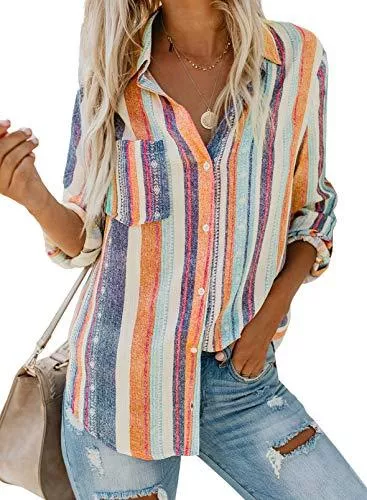 FIYOTE Langarmshirts FIYOTE Damen Oberteile Hemd Casual Bluse Elegant V-Ausschnitt Langarmshirt Tops Tunika 10 Farbe S/M/L/XL/XXL