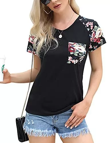 Irevial T-Shirts Irevial Tshirt Damen Kurzarm Oberteile Sommer Raglanärmel Lässig Tee Tops Casual Basic Shirts Mode V-Ausschnitt Teenager Mädchen Frauen Hemd Bluse Tunic Tunika Fitness Sport Tops