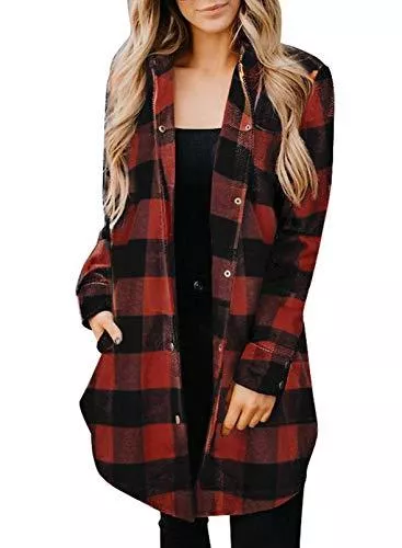 Zereesa Blusen & Tuniken Zereesa Damen Karohemd Langarm Kariertes Hemd Bluse Kariert Oversize Karohemd Hemdkleid V-Ausschnitt Mit Knöpfen Für Freizeit Dating S-XXL