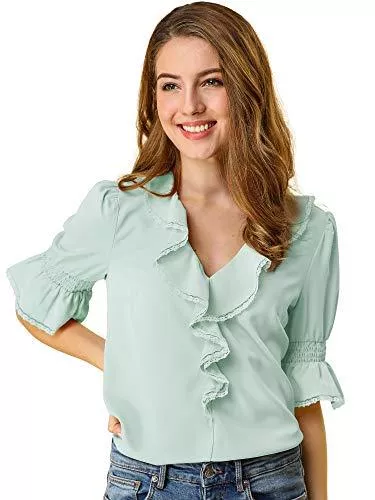 Allegra K Blusen & Tuniken Allegra K Damen Trompetenärmel V Neck Ruffle Spitze Top Bluse