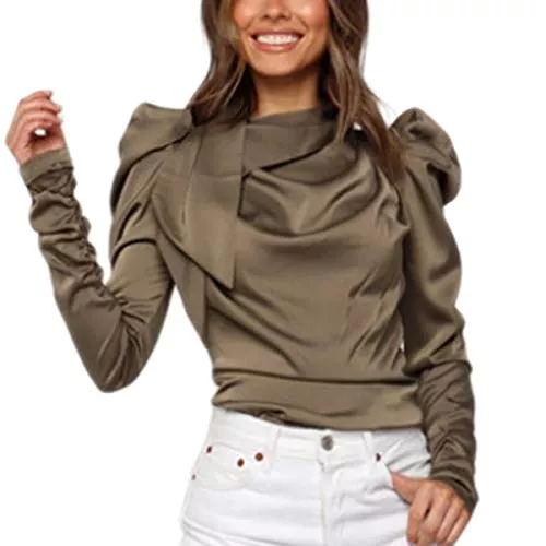 I3CKIZCE Ärmellose Blusen I3CKIZCE Elegante Damenbluse mit langen Ärmeln, Rollkragen, elegant, Bluse aus Satin, Fluid für Büro, Alltag, Casual